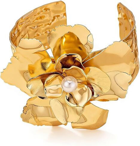 أساور الكفة الذهبية المكتنزة للنساء خمر لؤلؤة كريستال زهرة سوار البوهيمي على الطراز المفتوح الإسورة الزهرة مكتنزة بيان عري in Kuwait