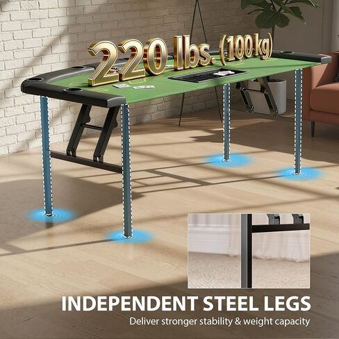 Soozier Poker Table Foldable, 72" Portable Folding Casino Blackjack Table for 8 Players, 220 LBS Capacity, Felt Surface, Cup Holders, Chip Tray, Dealer Spot, Padded Rails for Texas Holdem Game, Green in Saudi Arabia