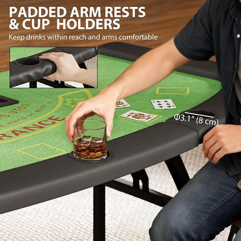 Soozier Poker Table Foldable, 72" Portable Folding Casino Blackjack Table for 8 Players, 220 LBS Capacity, Felt Surface, Cup Holders, Chip Tray, Dealer Spot, Padded Rails for Texas Holdem Game, Green in Saudi Arabia