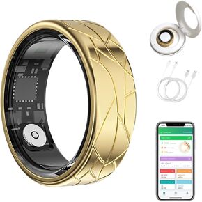Smart Ring Health Tracker for Women Men, Heart Rate/Blood Oxygen/Sleep Tracker/Step Counter, Fitness Ring with Magnetic Charging Case, 5ATM Waterproof for iOS & Android, No Subscription Fee- Gold 11 in Kuwait