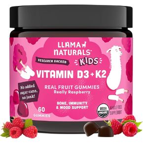 علكات فيتامين د3 ك2 من لاما ناتشورالز، نباتية، عضوية، علكات فيتامين د للأطفال الصغار، فيتامينات صمغية من الفاكهة الحقيقية، بدون قصب سكر إضافي، توت العليق، 60 قيراط in Kuwait