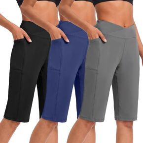 Coume 3 Pack Womens Bermuda Long Shorts High Waisted Knee Length Stretch Athletic Shorts with Pockets for Summer Workout in Kuwait