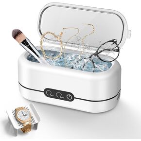 منظف ​​المجوهرات بالموجات فوق الصوتية، آلة تنظيف بالموجات فوق الصوتية المحمولة 48 كيلو هرتز للنظارات والقلائد والخواتم وحزام الساعة وفرشاة المكياج وأوضاع التنظيف المزدوجة - أبيض نقي in Kuwait