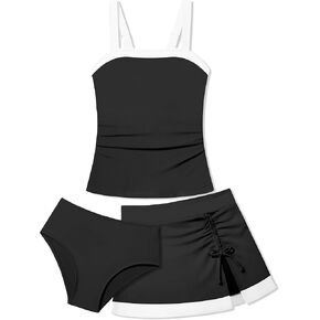 Girls Tankini Swimsuit 3 Piece Color Block Bathing Suits with Drawstring Cover Up Slit Skirt Girls' Swimwear 9-16T in Kuwait