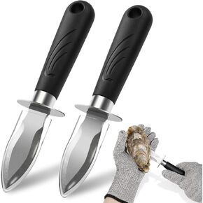 مجموعة سكاكين تقشير المحار - 2 سكين تقشير المحار من الفولاذ المقاوم للصدأ وسكين تقشير المحار مع غمد PVC وقفازات مقاومة للقطع ومجموعة أدوات تقشير المحار لجميع أنواع الأصداف والمحار وسرطان البحر in Kuwait