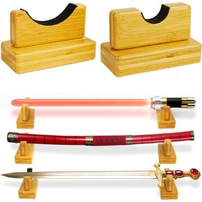 Sword Stand for Lightsaber, Katana & Medieval Swords - Adjustable Bamboo Holder with Velvet Padded Display for Samurai Wakizashi Tanto Genji Sword, Desk Decor for Cosplay Blade Weapon (Black Holder) in Saudi Arabia