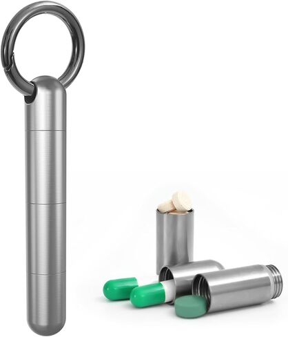 حاوية حامل حبوب منع الحمل على شكل سلسلة مفاتيح مقاومة للماء من التيتانيوم، علبة صغيرة الحجم محمولة لحبوب الدواء للتخييم في السفر في الهواء الطلق in Kuwait