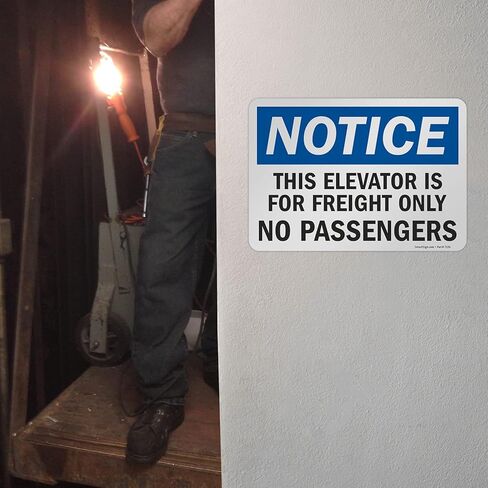 SmartSign 7 x 10 inch “Notice - This Elevator is for Freight Only, No Passengers" OSHA Label, 3 mil Laminated Adhesive Polyester, Blue, Black and White in Saudi Arabia
