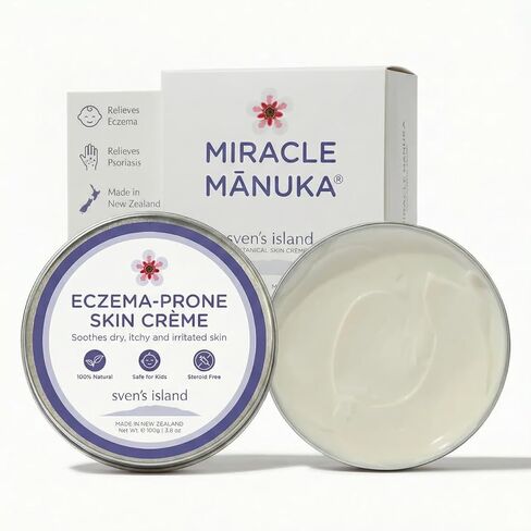كريم سفين آيلاند ميراكل مانوكا (3.8 أونصة) | كريم الأكزيما الطبيعي الخالي من الستيرويد ومرطب الوجه | معتمد من الجلد | بزيت أوراق المانوكا | للبشرة الجافة والرضع والكبار | صنع في نيوزيلندا in Kuwait