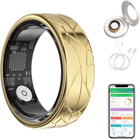 Smart Ring Health Tracker for Women Men, Heart Rate/Blood Oxygen/Sleep Tracker/Step Counter, Fitness Ring with Magnetic Charging Case, 5ATM Waterproof for iOS & Android, No Subscription Fee- Gold 11 in Kuwait