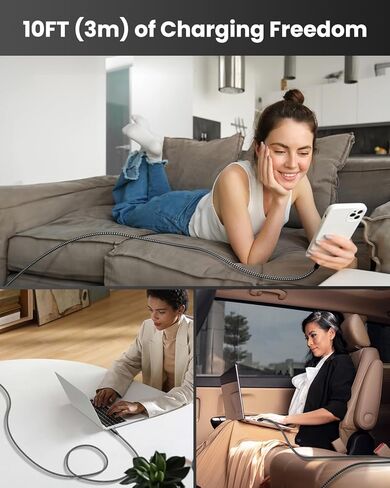 USB C to USB C Cable, 3 Pack 10FT 60W Type C Nylon Braided Charger Cord Fast Charging for iPhone 17 16 15 Series iPad MacBook CarPlay and More (Black) in Kuwait