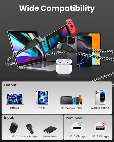 USB C to USB C Cable, 3 Pack 10FT 60W Type C Nylon Braided Charger Cord Fast Charging for iPhone 17 16 15 Series iPad MacBook CarPlay and More (Black) in Kuwait