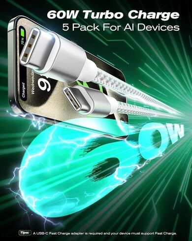 كابل SwaggWood USB C إلى USB C، 5 حزم [3/3/6/6/10FT] كابل شحن سريع USBC بقدرة 60 وات من النايلون المضفر من النوع C لآيفون 17/16/iPad Pro/MacBook Air والمزيد in Kuwait