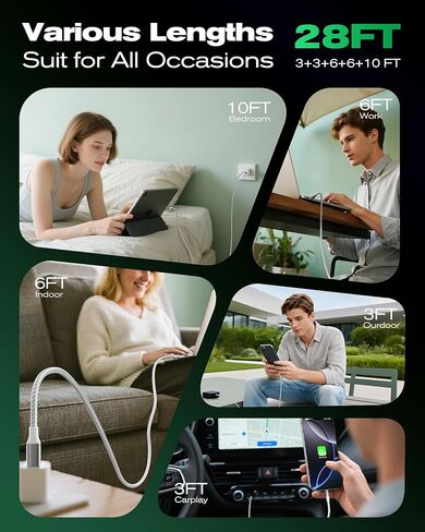 كابل SwaggWood USB C إلى USB C، 5 حزم [3/3/6/6/10FT] كابل شحن سريع USBC بقدرة 60 وات من النايلون المضفر من النوع C لآيفون 17/16/iPad Pro/MacBook Air والمزيد in Kuwait