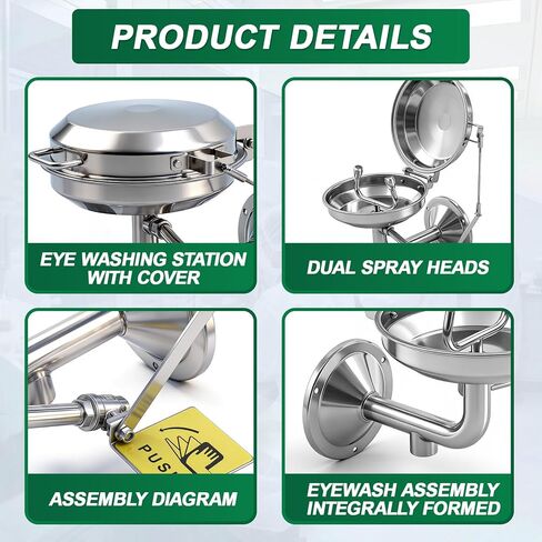 LEIFIDE Emergency Eye Wash Station with Cover and Sign Wall Mount First Aid Eyewash Station Stainless Steel Plumbing Eye Washing Unit with Dual Spray for Lab, Factory, Office, NPT Threaded in Saudi Arabia