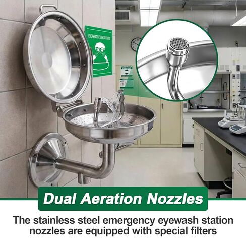 LEIFIDE Emergency Eye Wash Station with Cover and Sign Wall Mount First Aid Eyewash Station Stainless Steel Plumbing Eye Washing Unit with Dual Spray for Lab, Factory, Office, NPT Threaded in Saudi Arabia