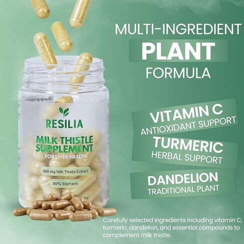 ريسيليا حليب الشوك سيليمارين - مكمل 300 مجم مع الهندباء، وفيتامين C، والإينوزيتول، وجذور بوريريا ومستخلص الكركم، تركيبة نباتية تركز على مضادات الأكسدة، 90 كبسولة نباتية in Kuwait