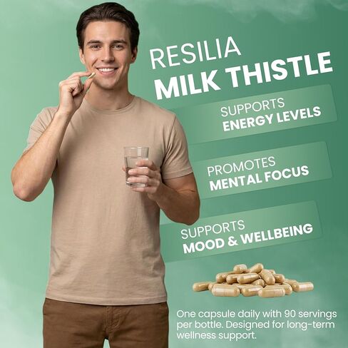 ريسيليا حليب الشوك سيليمارين - مكمل 300 مجم مع الهندباء، وفيتامين C، والإينوزيتول، وجذور بوريريا ومستخلص الكركم، تركيبة نباتية تركز على مضادات الأكسدة، 90 كبسولة نباتية in Kuwait