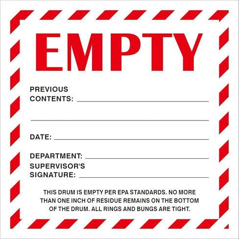 Empty Drum Industrial Labels 6"x6" Adhesive-Poly Vinyl Warning Stickers Self Adhesive White/Black Tag 50 Pack in Kuwait