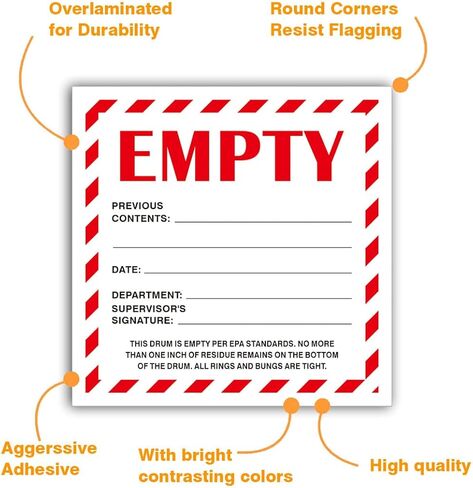 Empty Drum Industrial Labels 6"x6" Adhesive-Poly Vinyl Warning Stickers Self Adhesive White/Black Tag 50 Pack in Kuwait