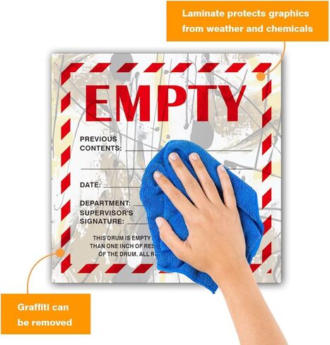 Empty Drum Industrial Labels 6"x6" Adhesive-Poly Vinyl Warning Stickers Self Adhesive White/Black Tag 50 Pack in Kuwait