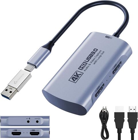 Guermok 4K 60FPS & 1080P 240FPS HDMI Capture Card for Streaming, USB 3.0 to USB-C/A, 4K30 Passthrough, 3.5mm Audio in and Mic Out, Works with Switch 2/1, PS5/4, Quest 3, Xbox, Pad, Mac, PC in Kuwait