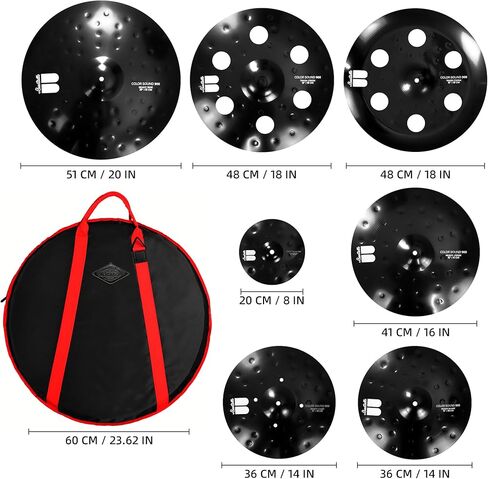 مجموعة الصنج الأسود المكونة من 7 قطع مع حقيبة الحفلة - مجموعة صنج الطبول المصنوعة من السبائك الاحترافية: ركوب 20 بوصة، تحطم مثقوب 18 بوصة، الصين مثقوبة 18 بوصة، تحطم 16 بوصة، قبعات عالية 14 بوصة، دفقة 8 بوصة لقارعي الطبول المحترفين in Kuwait