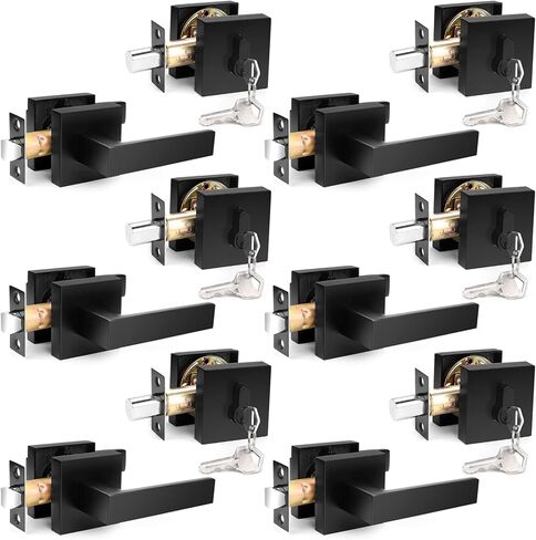 Probrico Flat Black Passage Door Lever with Single Cylinder Deadbolts Combo Pack, Modern Square Lock Set Handleset,Exterior Door Handle and Deadbolts Set,Exterior Door Lever Passage 3 Pack in Kuwait