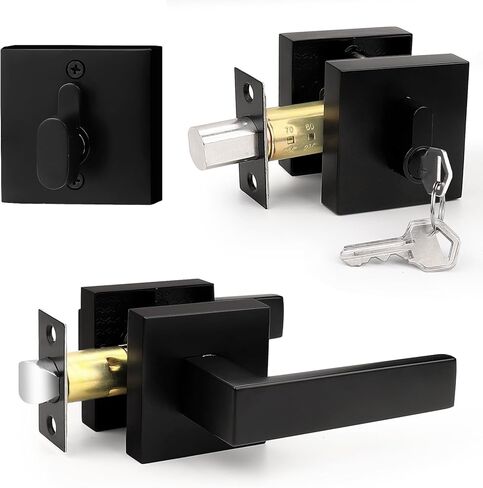 Probrico Flat Black Passage Door Lever with Single Cylinder Deadbolts Combo Pack, Modern Square Lock Set Handleset,Exterior Door Handle and Deadbolts Set,Exterior Door Lever Passage 3 Pack in Saudi Arabia