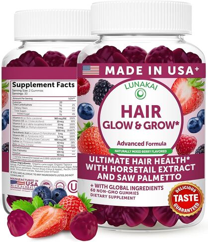 Lunakai USA Made Super Hair Gummies with Biotin, Zinc, Horsetail Extract & Saw Palmetto - Hair Growth Vitamins for Women & Men – Supports Thicker, Longer, Stronger Tresses, Skin & Nails, 60ct in Kuwait