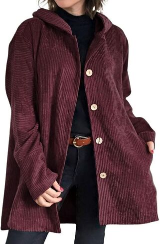 chouyatou Women's Fall Corduroy Jacket with Hood Casual Button Down Hooded Loose Corduroy Jackets with Pockets in Kuwait