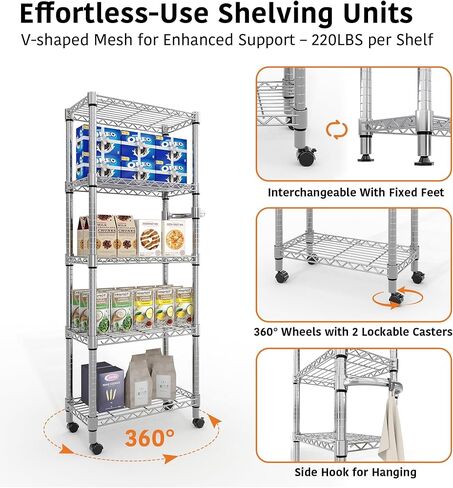 Storage Shelves with Wheels, 5-Tier Adjustable Metal Shelving Unit, 220 LBS Loading Capacity Per Shelf, Freestanding Heavy Duty Storage Rack for Home, Garage, Basement, Office, Silver in Kuwait
