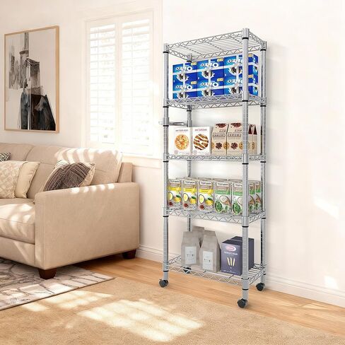 Storage Shelves with Wheels, 5-Tier Adjustable Metal Shelving Unit, 220 LBS Loading Capacity Per Shelf, Freestanding Heavy Duty Storage Rack for Home, Garage, Basement, Office, Silver in Kuwait