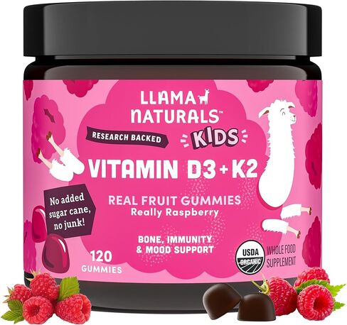 Llama Naturals Kids Vitamin D3 K2 Gummies, Vegan, Organic, Children Toddler Vitamin D Gummies, Real Fruit Gummy Vitamins, No Added Sugar Cane, Raspberry, 60 Ct in Saudi Arabia