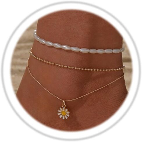 Bohemian Daisy Flowers Anklet for Women Girls,Adjustable Layered Beach Foot Chain Pearl Ankle Bracelets Dainty Foot Jewelry Gifts in Kuwait