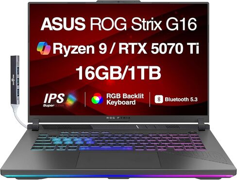ASUS ROG Strix G16 G614 AI Gaming Laptop 16.0" 165Hz IPS WUXGA Display (AMD Ryzen 9 8940HX, GeForce RTX 5070 Ti 12GB, 64GB DDR5, 1TB PCIe SSD, RGB KB, Win 11 Pro) w/DKZ USB Hub - G614PR-G16.R95070TI in Saudi Arabia