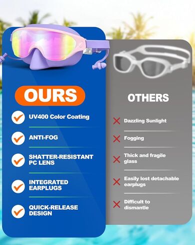 قناع نظارات السباحة للأطفال من Zoomsnail مع غطاء للأنف، نظارات سباحة مضادة للكسر وتسرب الأشعة فوق البنفسجية للأطفال الصغار من عمر 3 إلى 15 عامًا (وردي) in Kuwait