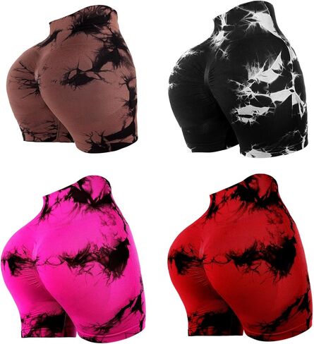 4 Piece Women Workout Shorts Tie Dye High Waist Butt Lifting Shorts Tight Women Workout Gym Yoga Sports Shorts in Kuwait