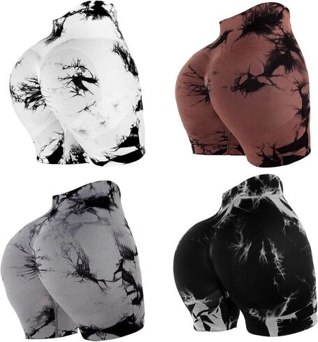 4 Piece Women Workout Shorts Tie Dye High Waist Butt Lifting Shorts Tight Women Workout Gym Yoga Sports Shorts in Kuwait
