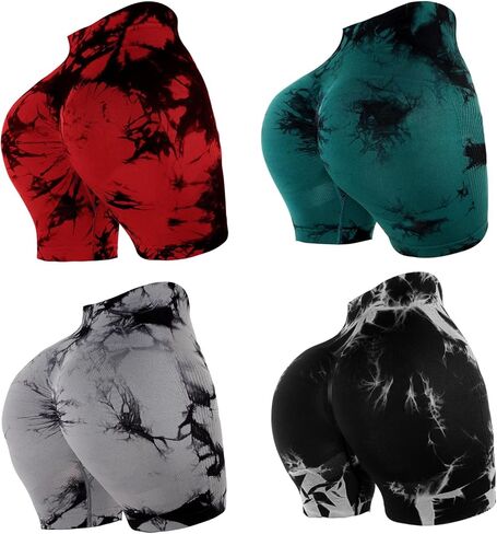 4 Piece Women Workout Shorts Tie Dye High Waist Butt Lifting Shorts Tight Women Workout Gym Yoga Sports Shorts in Kuwait