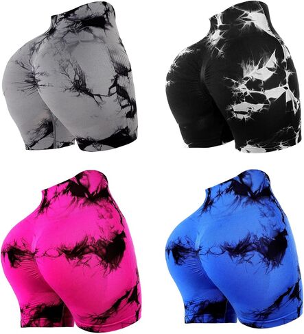 4 Piece Women Workout Shorts Tie Dye High Waist Butt Lifting Shorts Tight Women Workout Gym Yoga Sports Shorts in Kuwait