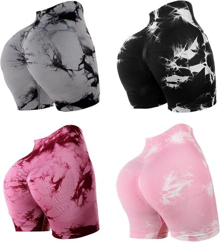 4 Piece Women Workout Shorts Tie Dye High Waist Butt Lifting Shorts Tight Women Workout Gym Yoga Sports Shorts in Kuwait
