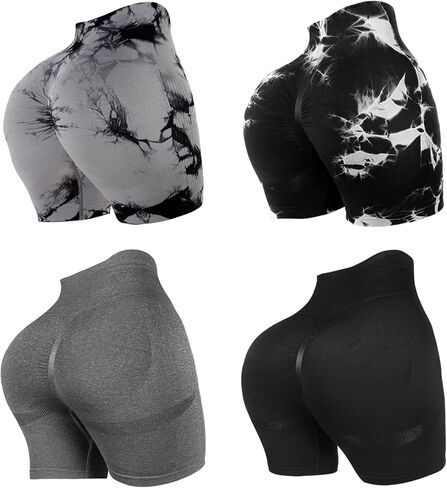 4 Piece Women Workout Shorts Tie Dye High Waist Butt Lifting Shorts Tight Women Workout Gym Yoga Sports Shorts in Kuwait