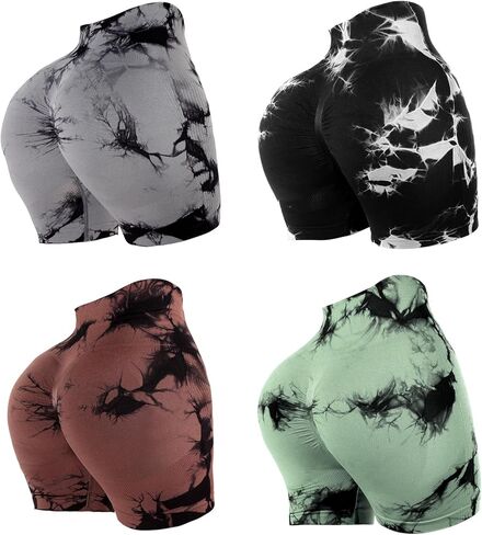 4 Piece Women Workout Shorts Tie Dye High Waist Butt Lifting Shorts Tight Women Workout Gym Yoga Sports Shorts in Kuwait