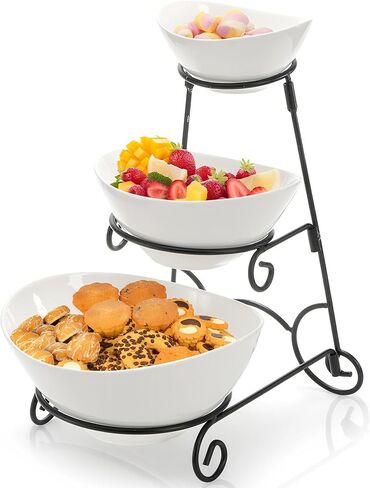 Covzoe 3 Tiered Serving Bowl Stand, Ceramic Chip and Dip Serving Dishes with Collapsible Metal Rack, Appetizer Serving Platters Food Display Stand for Fruit Dessert Parties Entertaining in Kuwait