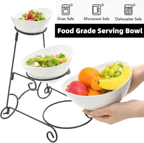 Covzoe 3 Tiered Serving Bowl Stand, Ceramic Chip and Dip Serving Dishes with Collapsible Metal Rack, Appetizer Serving Platters Food Display Stand for Fruit Dessert Parties Entertaining in Kuwait
