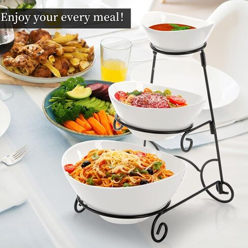Covzoe 3 Tiered Serving Bowl Stand, Ceramic Chip and Dip Serving Dishes with Collapsible Metal Rack, Appetizer Serving Platters Food Display Stand for Fruit Dessert Parties Entertaining in Kuwait