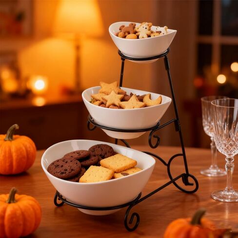 Covzoe 3 Tiered Serving Bowl Stand, Ceramic Chip and Dip Serving Dishes with Collapsible Metal Rack, Appetizer Serving Platters Food Display Stand for Fruit Dessert Parties Entertaining in Kuwait
