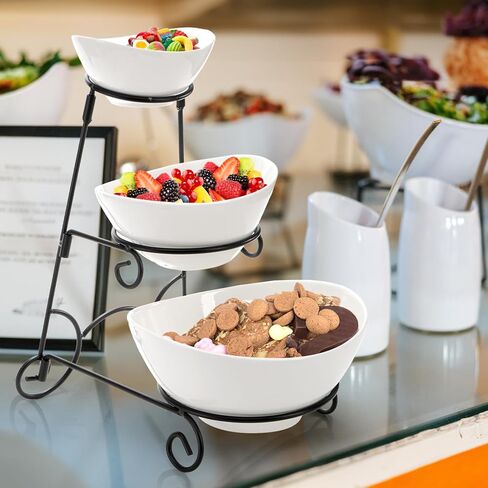 Covzoe 3 Tiered Serving Bowl Stand, Ceramic Chip and Dip Serving Dishes with Collapsible Metal Rack, Appetizer Serving Platters Food Display Stand for Fruit Dessert Parties Entertaining in Kuwait