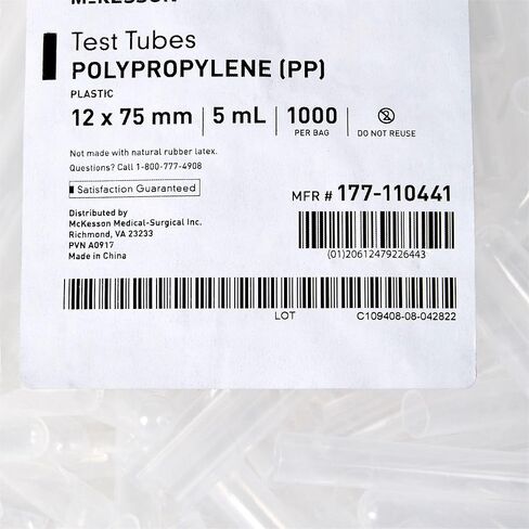 McKesson Plastic Test Tubes - Non-Graduated, Premium-Grade Polypropylene Clear Tubes, Freezeable, Durable Impact Strength - 5 mL, 1000 Count in Saudi Arabia